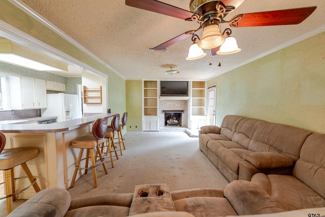 102 King Henry Rd, Scroggins, TX 75480 - living room featuring light colored carpet, ceiling fan, ornamental molding, and a textured ceiling