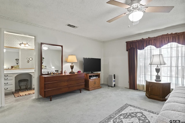 living room with light carpet, a textured ceiling, and ceiling fan