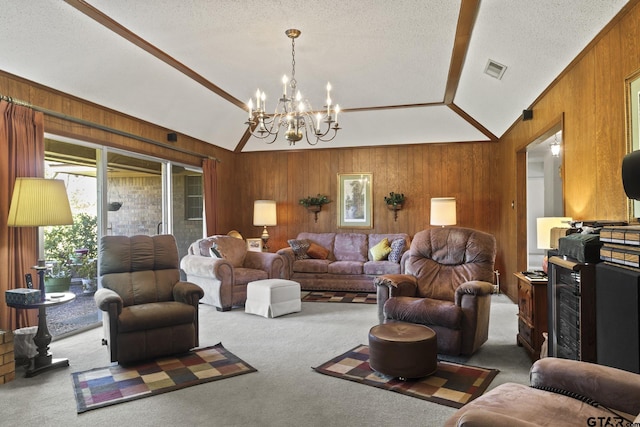 living room with wood walls and lofted ceiling