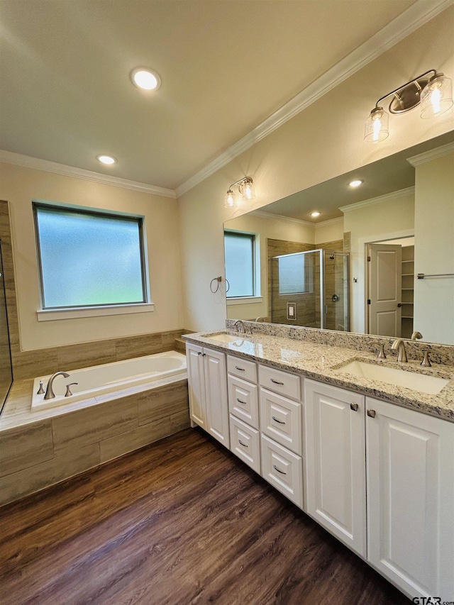15033 High Country Acres Ln, Tyler, TX 75706 - full bath featuring plenty of natural light, double vanity, a shower stall, a bath, and ornamental molding