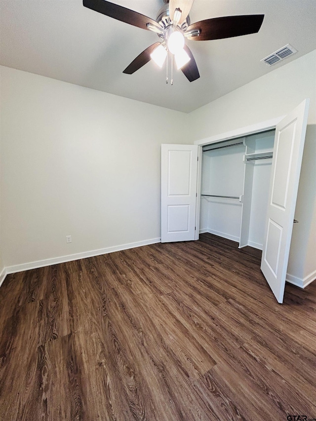 15033 High Country Acres Ln, Tyler, TX 75706 - unfurnished bedroom featuring dark wood finished floors, a closet, and ceiling fan