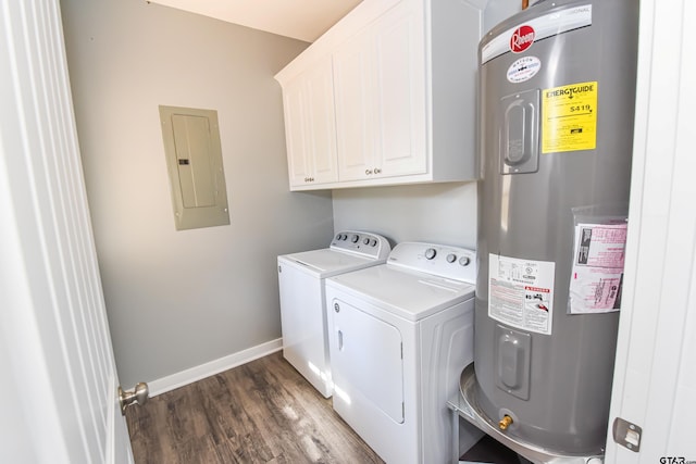 washroom featuring dark wood-type flooring, cabinets, electric water heater, independent washer and dryer, and electric panel