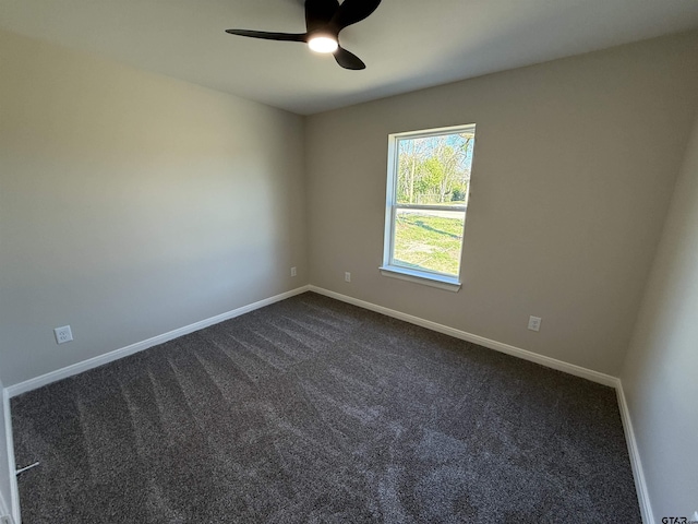 empty room featuring ceiling fan and dark carpet