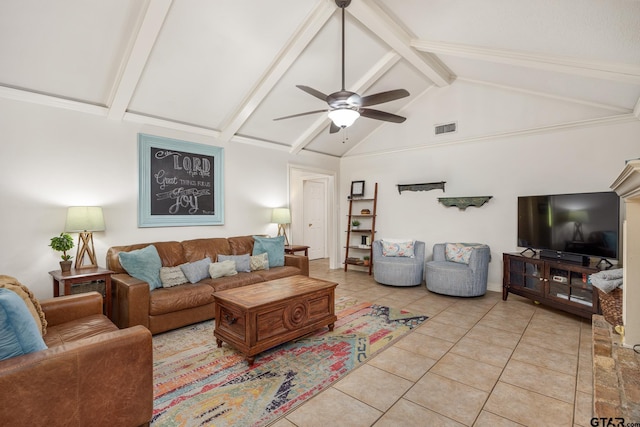 312 Savannah Dr, Tyler, TX 75703 - living area featuring light tile patterned floors, a ceiling fan, beam ceiling, and high vaulted ceiling
