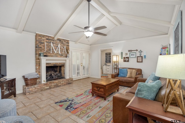 312 Savannah Dr, Tyler, TX 75703 - living area with a ceiling fan, tile patterned flooring, and a brick fireplace