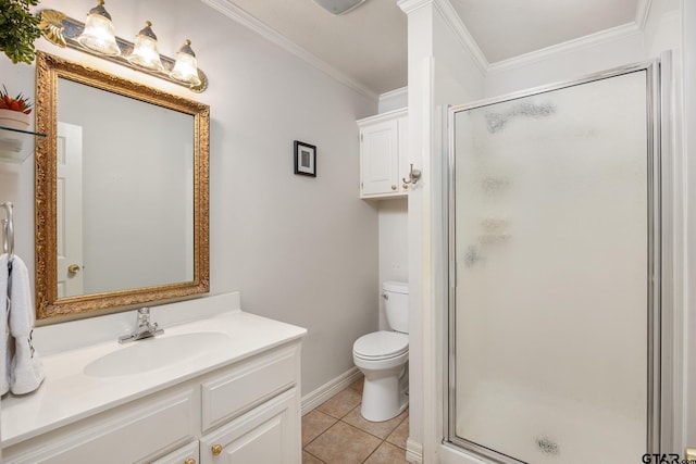 312 Savannah Dr, Tyler, TX 75703 - bathroom with vanity, a stall shower, tile patterned flooring, and ornamental molding