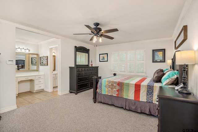 312 Savannah Dr, Tyler, TX 75703 - bedroom featuring light colored carpet, crown molding, light tile patterned floors, ceiling fan, and ensuite bathroom