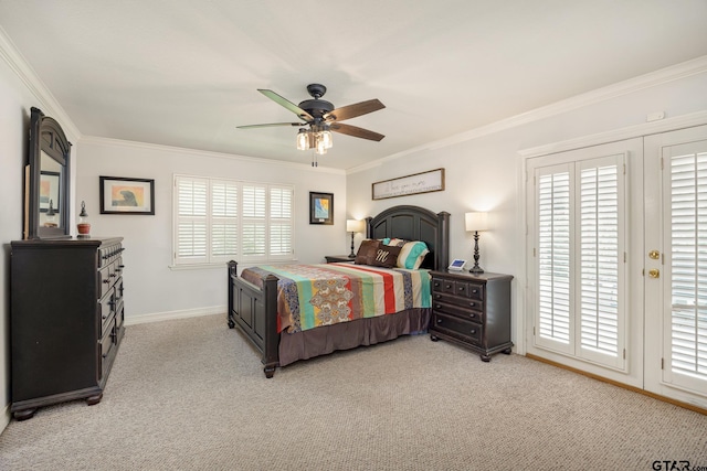 312 Savannah Dr, Tyler, TX 75703 - bedroom featuring light colored carpet, access to outside, crown molding, and ceiling fan