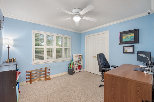 312 Savannah Dr, Tyler, TX 75703 - carpeted home office with ceiling fan and ornamental molding