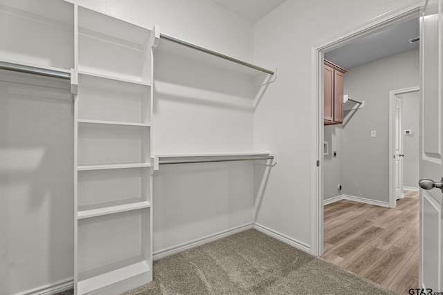 walk in closet featuring light colored carpet