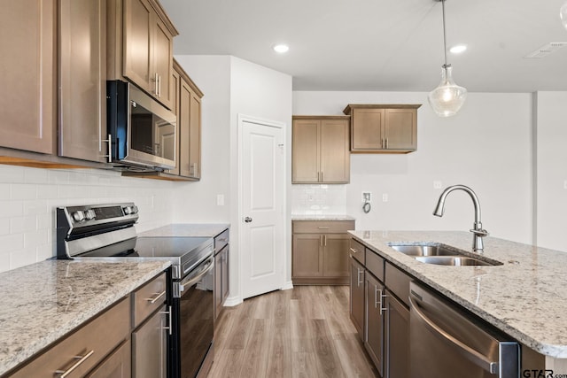 kitchen featuring decorative backsplash, stainless steel appliances, sink, light hardwood / wood-style flooring, and an island with sink