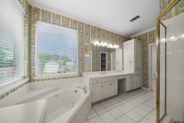 2107 Baylor Dr, Jacksonville, TX 75766 - bathroom with wallpapered walls, ornamental molding, tile patterned floors, a tub with jets, and vanity