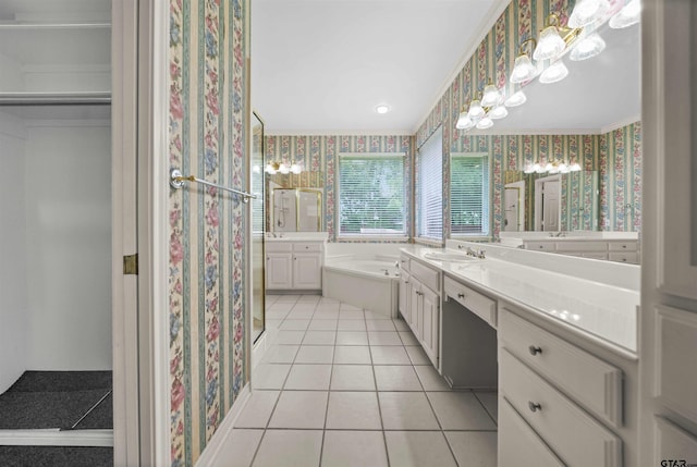 2107 Baylor Dr, Jacksonville, TX 75766 - full bathroom with wallpapered walls, crown molding, tile patterned flooring, a bath, and vanity