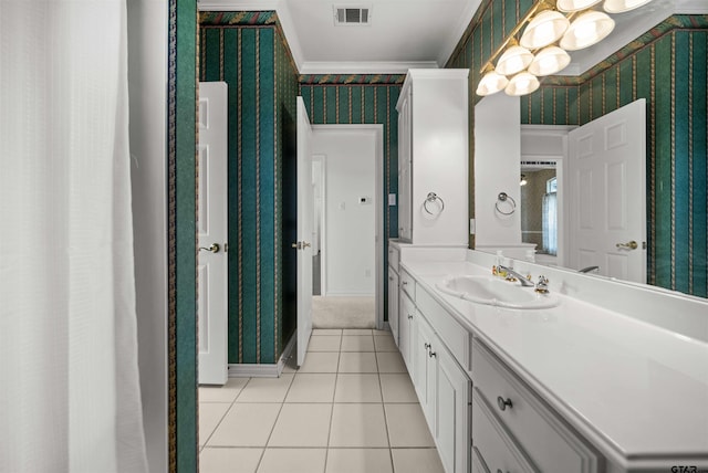 2107 Baylor Dr, Jacksonville, TX 75766 - bathroom featuring wallpapered walls, crown molding, tile patterned floors, vanity, and baseboards