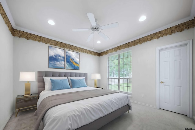 2107 Baylor Dr, Jacksonville, TX 75766 - bedroom with baseboards, light carpet, recessed lighting, and ceiling fan