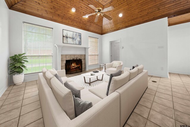 2107 Baylor Dr, Jacksonville, TX 75766 - living room with wood ceiling, lofted ceiling, light tile patterned flooring, ceiling fan, and a tiled fireplace
