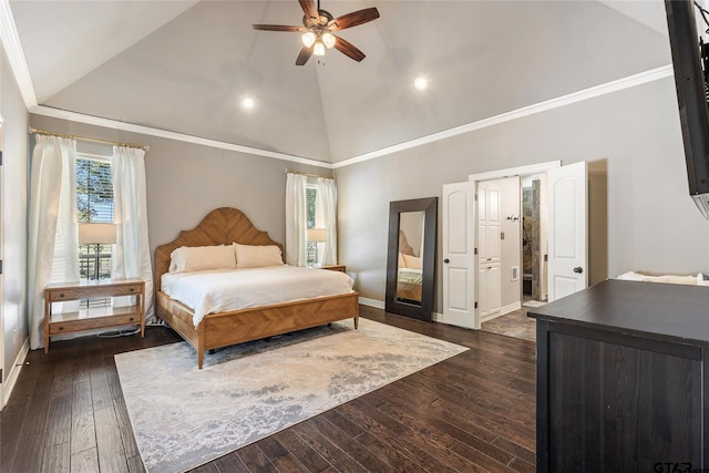 bedroom featuring high vaulted ceiling, dark wood-type flooring, ceiling fan, and crown molding