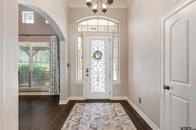 foyer featuring a wealth of natural light, dark hardwood / wood-style flooring, and ornamental molding