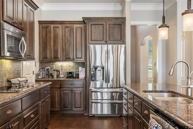 kitchen with sink, dark hardwood / wood-style floors, dark brown cabinets, appliances with stainless steel finishes, and dark stone countertops