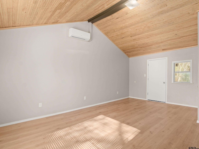 additional living space featuring a wall mounted AC, vaulted ceiling with beams, wood ceiling, and light wood-type flooring