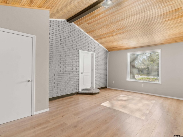 unfurnished bedroom with lofted ceiling with beams, light hardwood / wood-style floors, wood ceiling, and brick wall