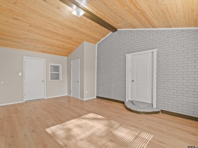 interior space with lofted ceiling with beams, wooden ceiling, hardwood / wood-style floors, and brick wall