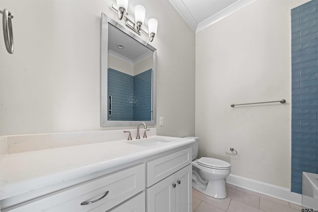 bathroom featuring tile patterned flooring, crown molding, vanity, and toilet