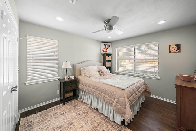 bedroom featuring wood finish floors, baseboards, ceiling fan, and recessed lighting