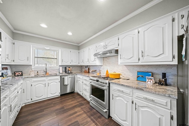 kitchen featuring dark wood-style floors, a sink, ornamental molding, stainless steel appliances, and under cabinet range hood