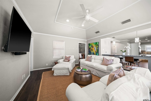 living room with a ceiling fan, dark wood-style floors, visible vents, baseboards, and vaulted ceiling