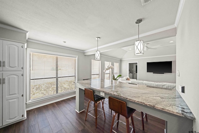 dining room with a ceiling fan, crown molding, dark wood-style floors, and a textured ceiling