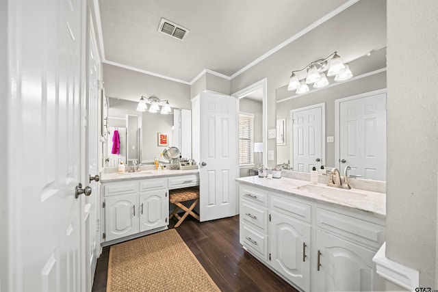 bathroom with a sink, visible vents, two vanities, and wood finished floors