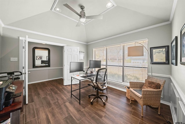 office featuring dark wood-style floors, a ceiling fan, baseboards, vaulted ceiling, and crown molding