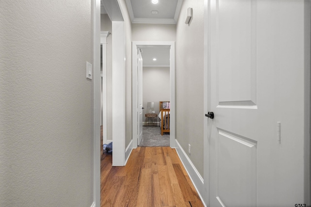 hallway featuring ornamental molding and light wood-type flooring