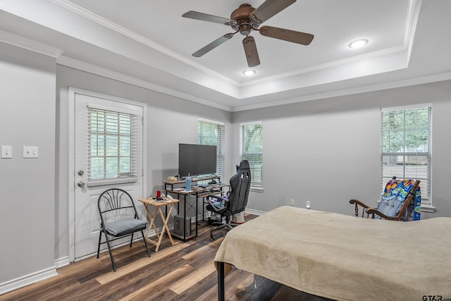 14677 County Road 2337, Tyler, TX 75707 - bedroom featuring wood finished floors, multiple windows, a tray ceiling, ornamental molding, and recessed lighting