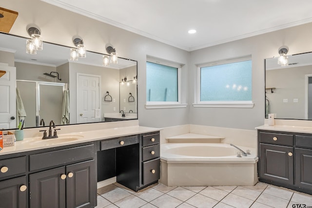 14677 County Road 2337, Tyler, TX 75707 - full bathroom featuring a stall shower, tile patterned floors, ornamental molding, two vanities, and a garden tub