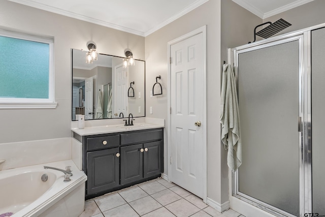 14677 County Road 2337, Tyler, TX 75707 - full bath with a shower stall, tile patterned flooring, ornamental molding, a bath, and vanity