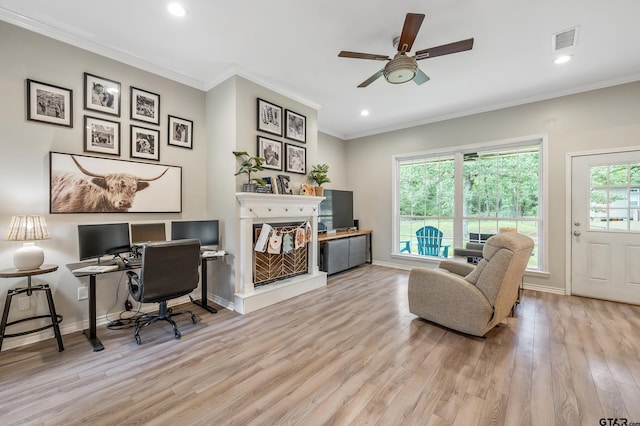 14677 County Road 2337, Tyler, TX 75707 - office area featuring wood finished floors, ceiling fan, crown molding, recessed lighting, and baseboards
