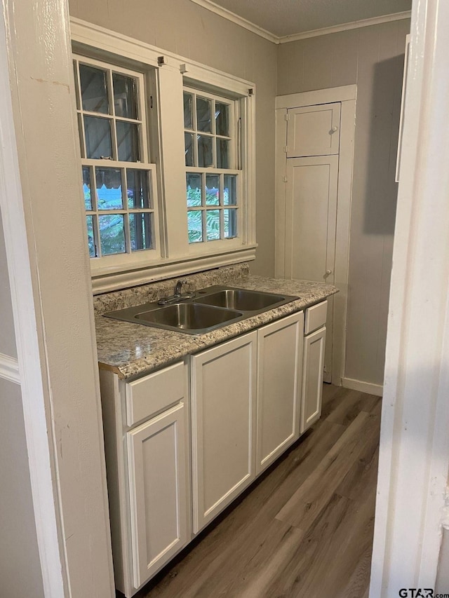 kitchen featuring white cabinetry, sink, dark wood-type flooring, and crown molding