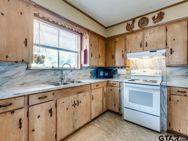 kitchen with tasteful backsplash, sink, ornamental molding, and white range with electric cooktop