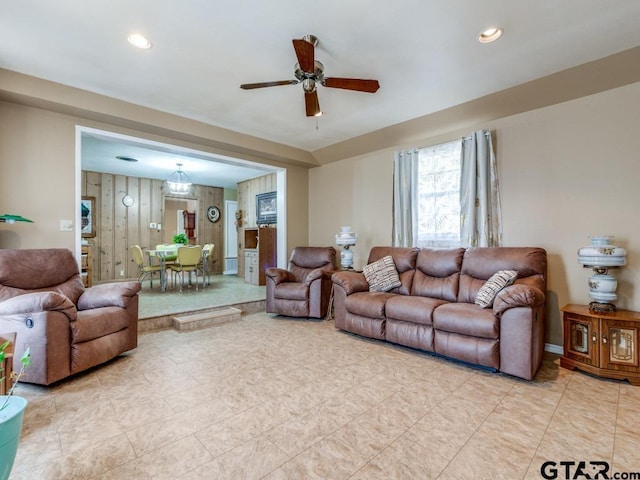 living room featuring ceiling fan