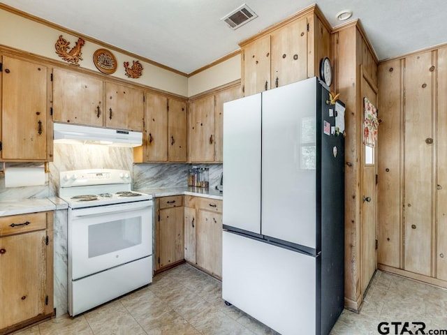 kitchen featuring white appliances, ornamental molding, and decorative backsplash