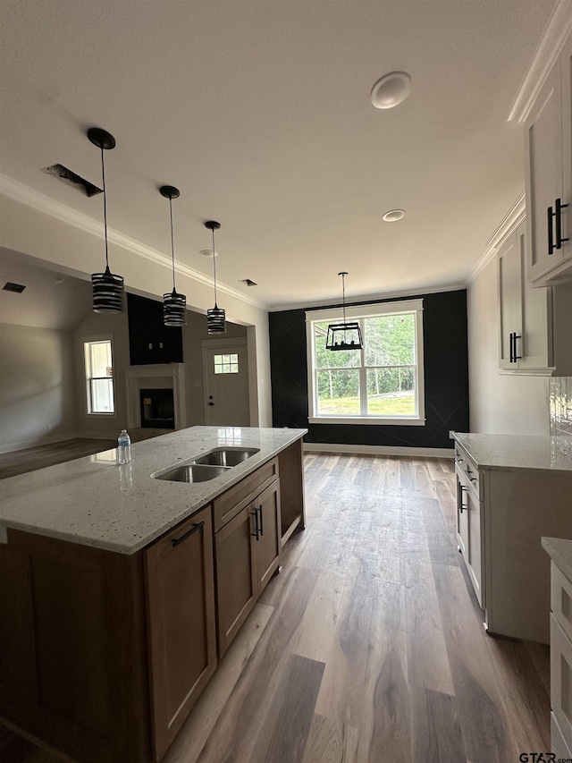 kitchen with crown molding, a center island with sink, light stone counters, a sink, and light wood finished floors
