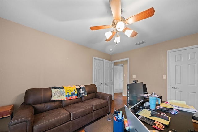 1521 Rice Rd # A105, Tyler, TX 75703 - office area featuring ceiling fan and wood finished floors