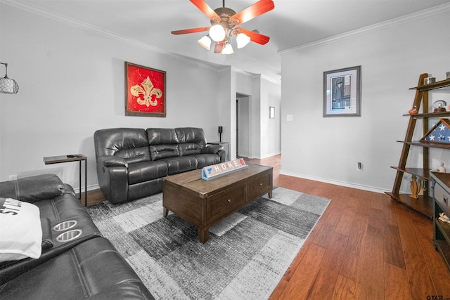1521 Rice Rd # A105, Tyler, TX 75703 - living area featuring a ceiling fan, wood finished floors, crown molding, and baseboards
