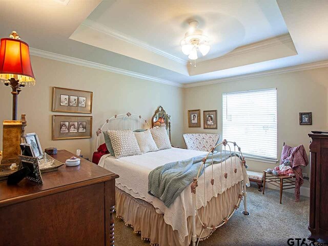 carpeted bedroom with a raised ceiling, ornamental molding, and a ceiling fan