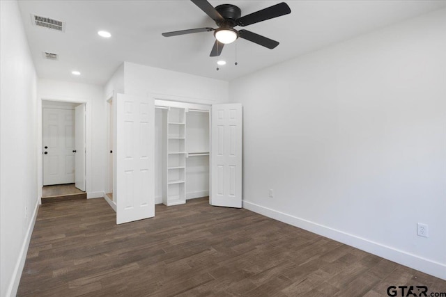 1612 Woodland Hills Dr, Tyler, TX 75701 - unfurnished bedroom with dark wood-style flooring, recessed lighting, a closet, and ceiling fan