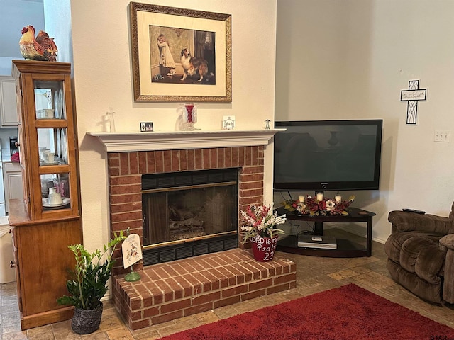 living room featuring a fireplace