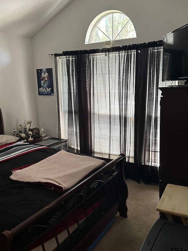 carpeted bedroom featuring lofted ceiling