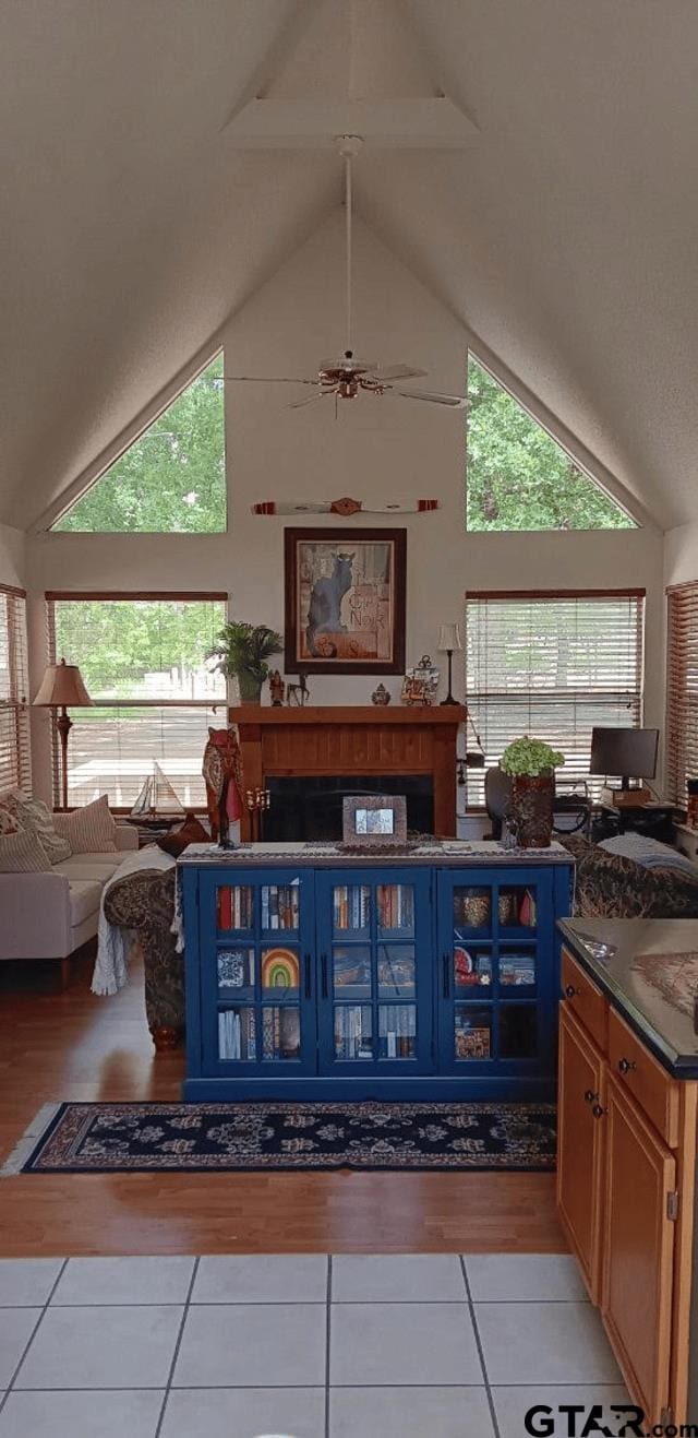 interior space featuring high vaulted ceiling, a wealth of natural light, and ceiling fan